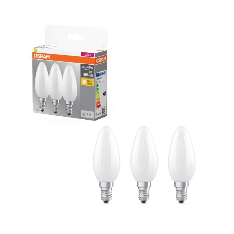 3er OSRAM E14 LED Base Classic B 60  Kerze matt 5,9W wie 60W warmweiß für Kronleucher und schmale Leuchten